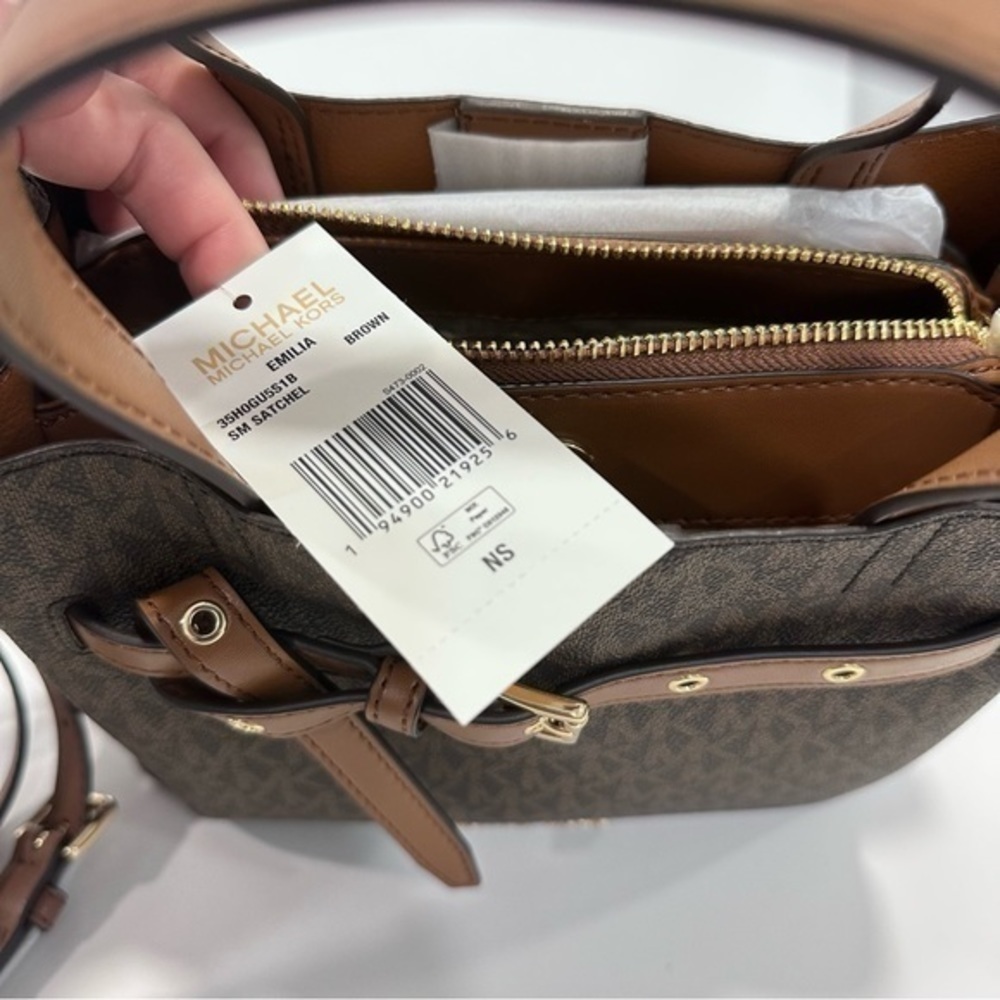 New Michael Kors Emilia Small Logo Printed Canvas Satchel Bag in Brown - Picture 7 of 12